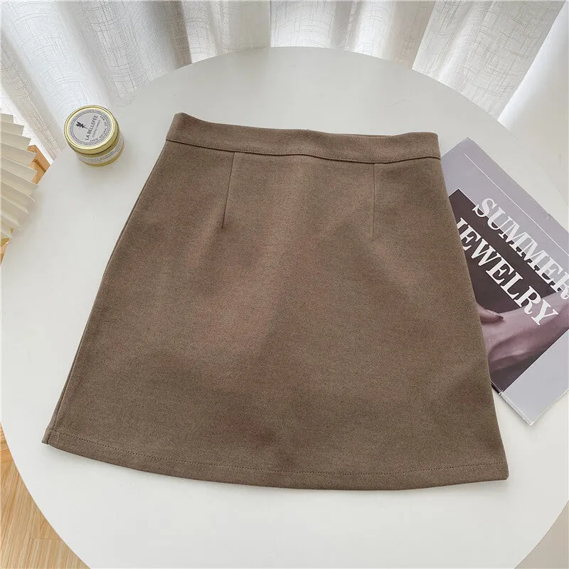 Dark Academia Soft Brown High Waist Short Skirt