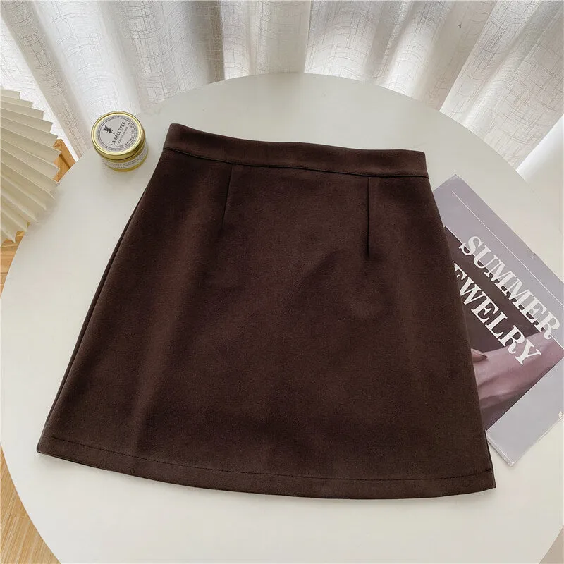 Dark Academia Soft Brown High Waist Short Skirt