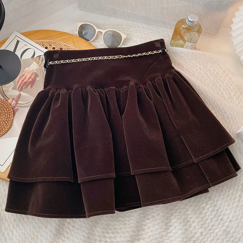 Dark Academia Suede Pleated Skirt With Chain Belt