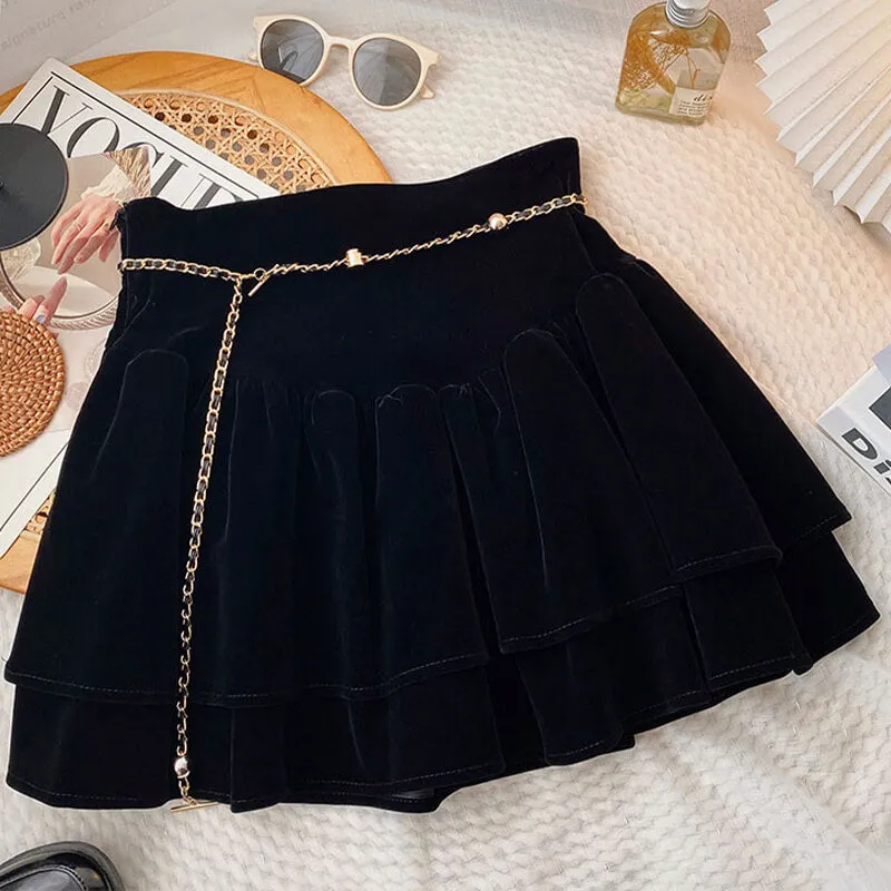 Dark Academia Suede Pleated Skirt With Chain Belt