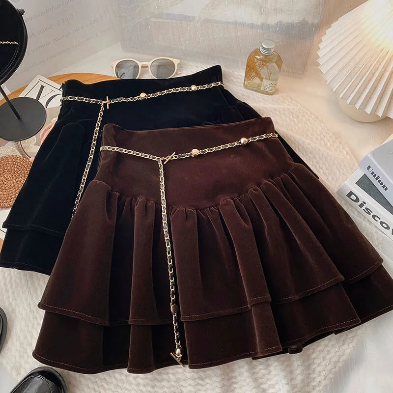 Dark Academia Suede Pleated Skirt With Chain Belt