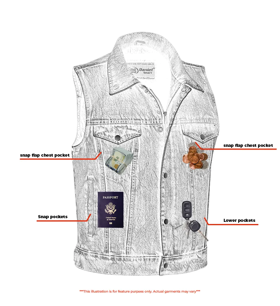 DM Blue Men's  denim motorcycle vest with Snap/Zipper Front