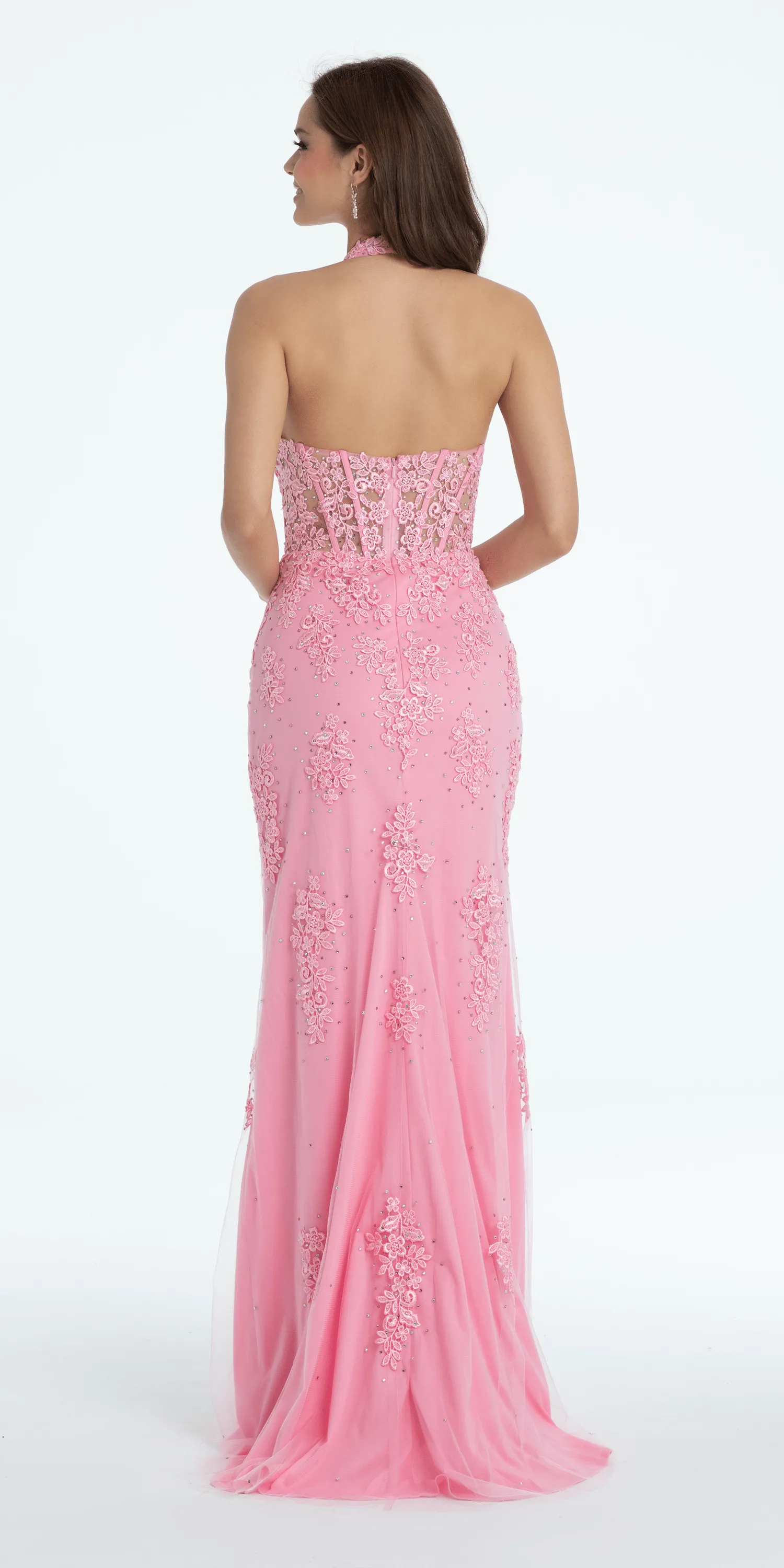 Embroidered Plunging Corset Mesh Halter Dress