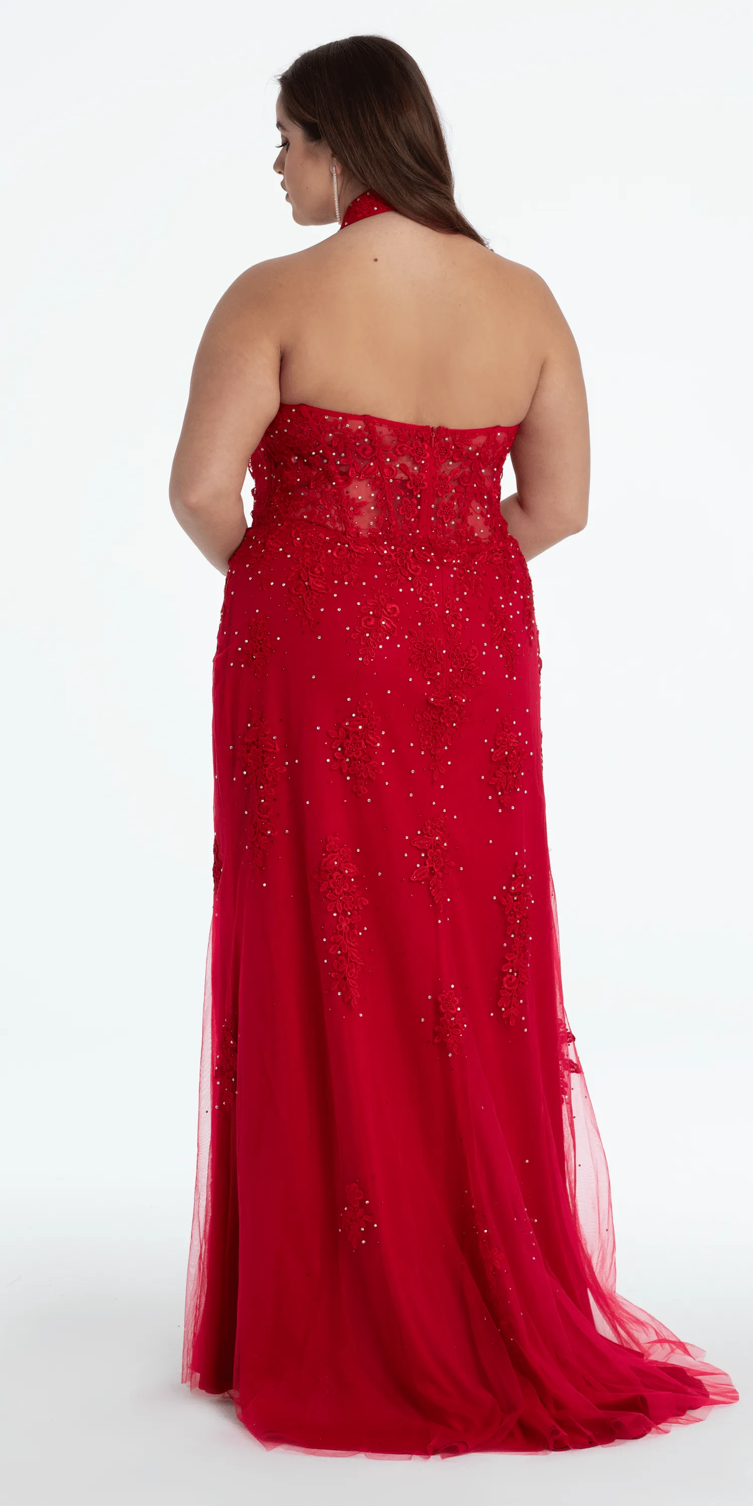 Embroidered Plunging Corset Mesh Halter Dress