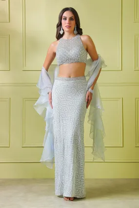 Light grey hand embroidered top with embroidered fishcut skirt