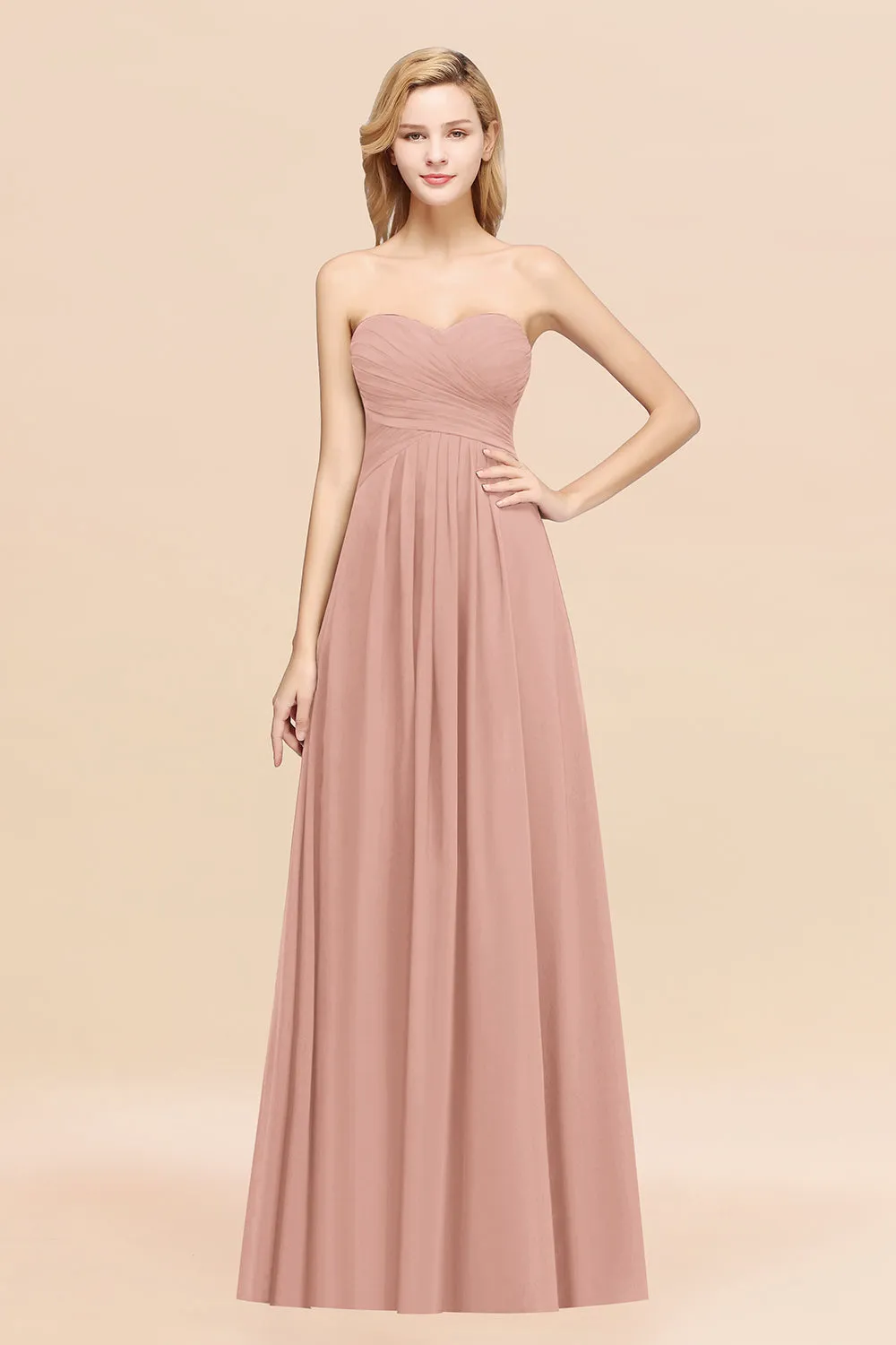 Long A-line Chiffon Sweetheart Strapless Ruffles Bridesmaid Dress
