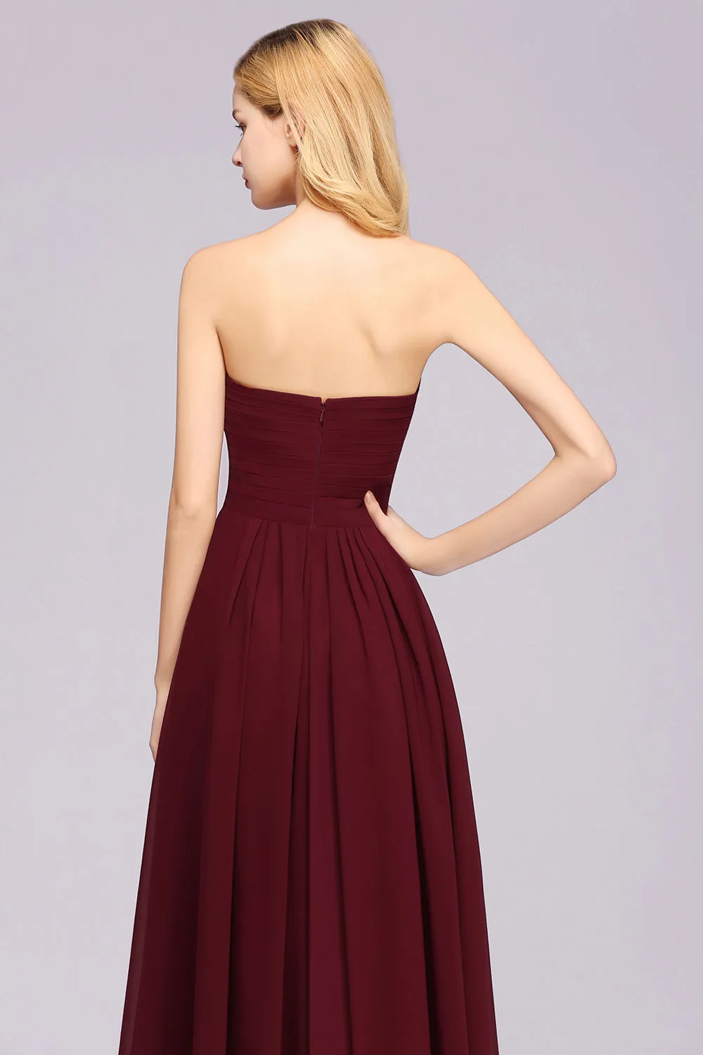 Long A-line Chiffon Sweetheart Strapless Ruffles Bridesmaid Dress