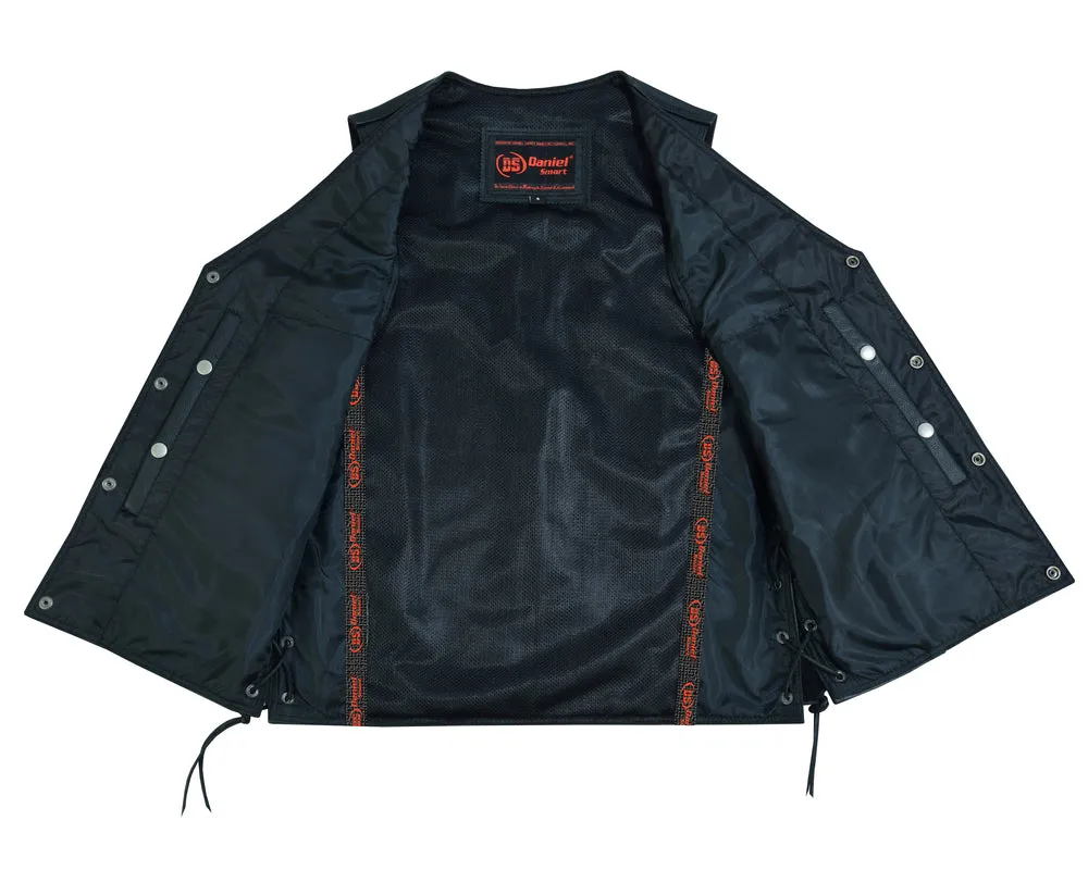 Men's Black Leather Vest with Side Laces and Smart Access Pockets