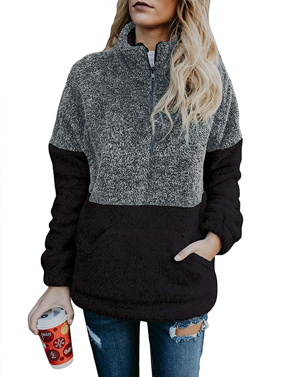 MEROKEETY Contrast Fleece Zipper Sherpa Pile Pullover