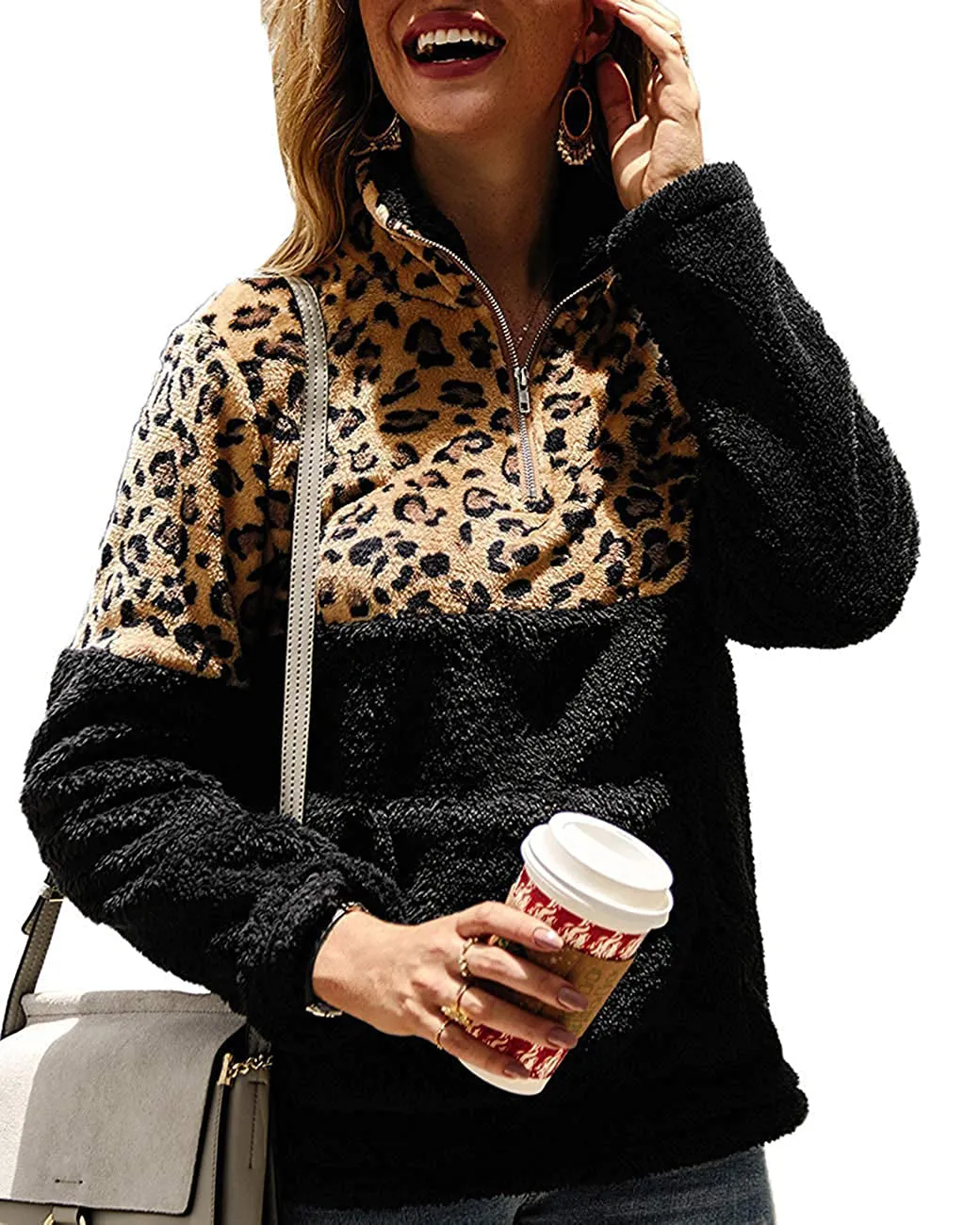 MEROKEETY Contrast Fleece Zipper Sherpa Pile Pullover