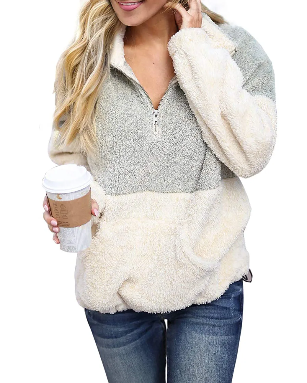 MEROKEETY Contrast Fleece Zipper Sherpa Pile Pullover