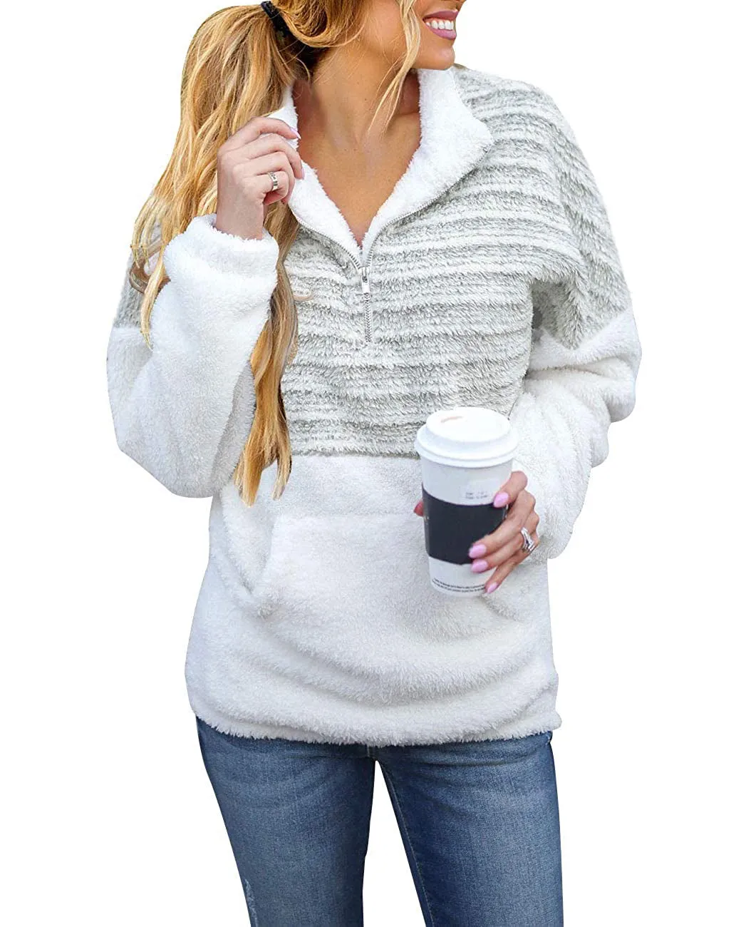MEROKEETY Contrast Fleece Zipper Sherpa Pile Pullover