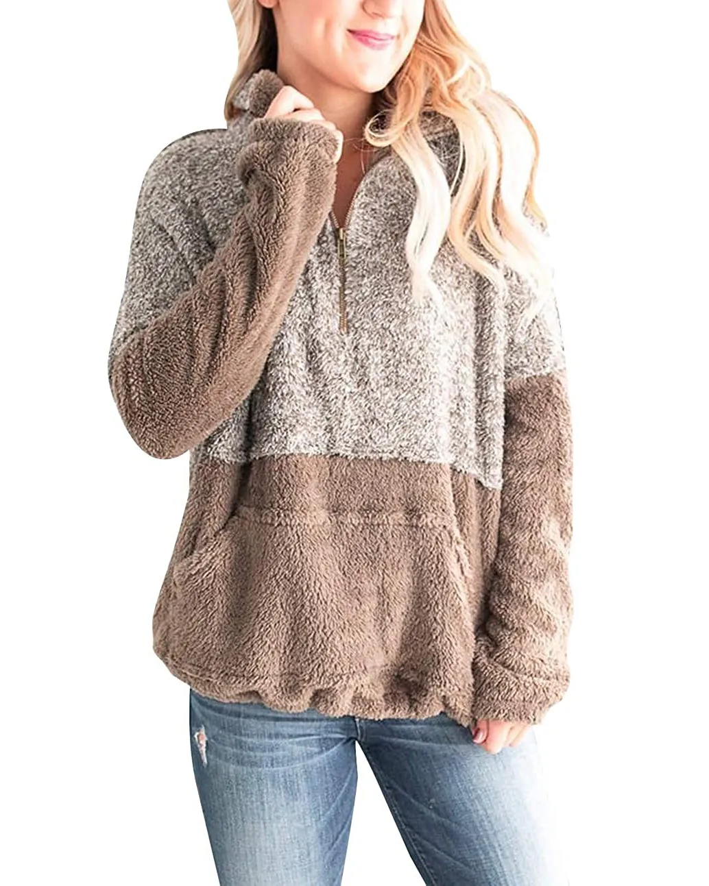 MEROKEETY Contrast Fleece Zipper Sherpa Pile Pullover