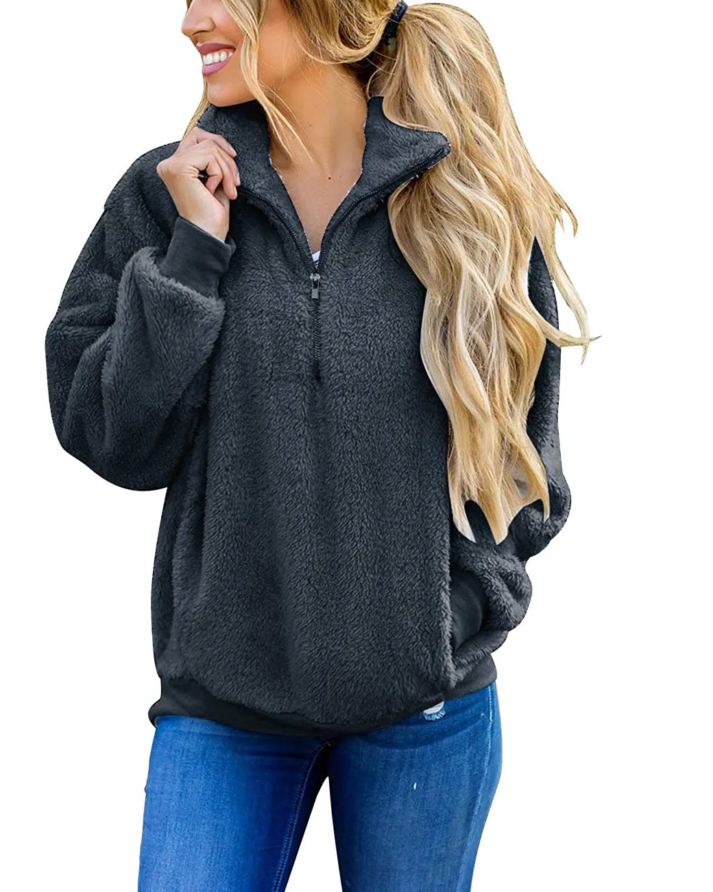 MEROKEETY Contrast Fleece Zipper Sherpa Pile Pullover