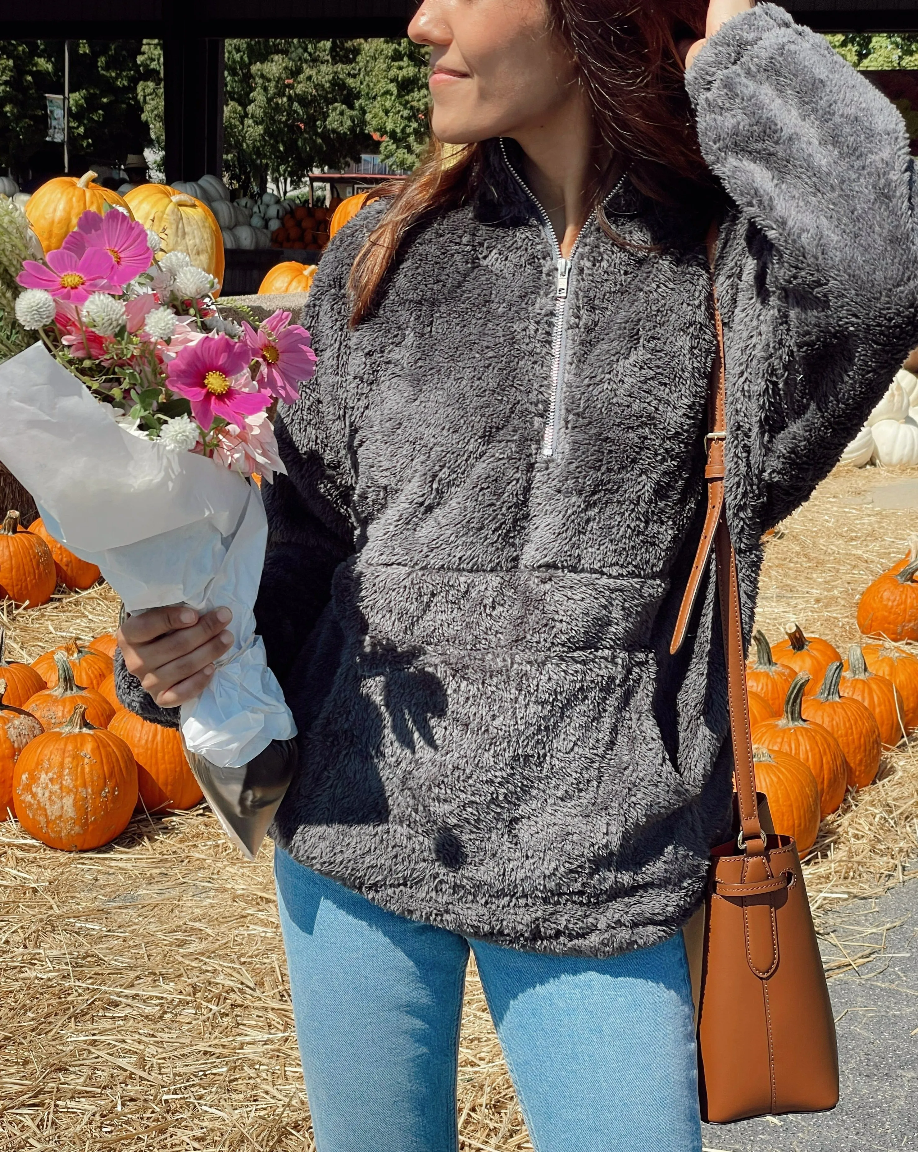 MEROKEETY Contrast Fleece Zipper Sherpa Pile Pullover