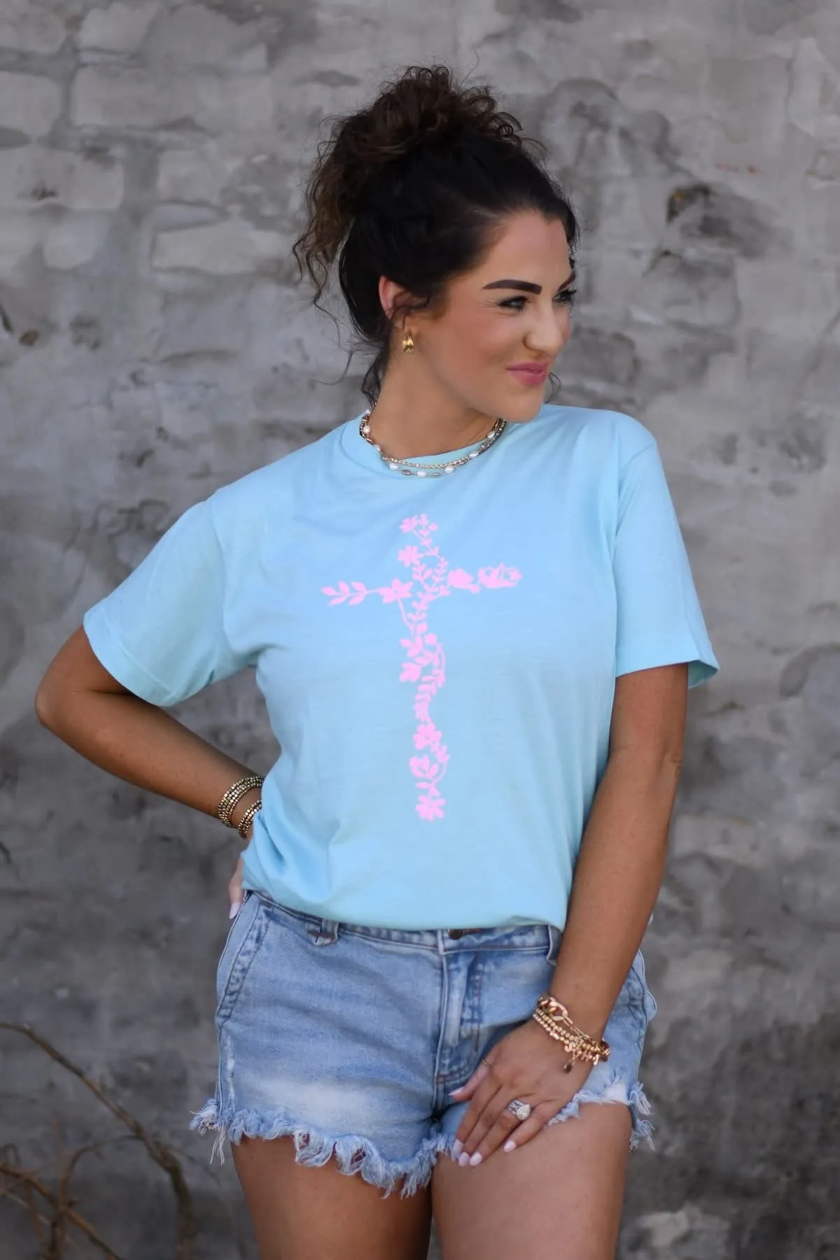 Neon Pink Floral Cross Tee