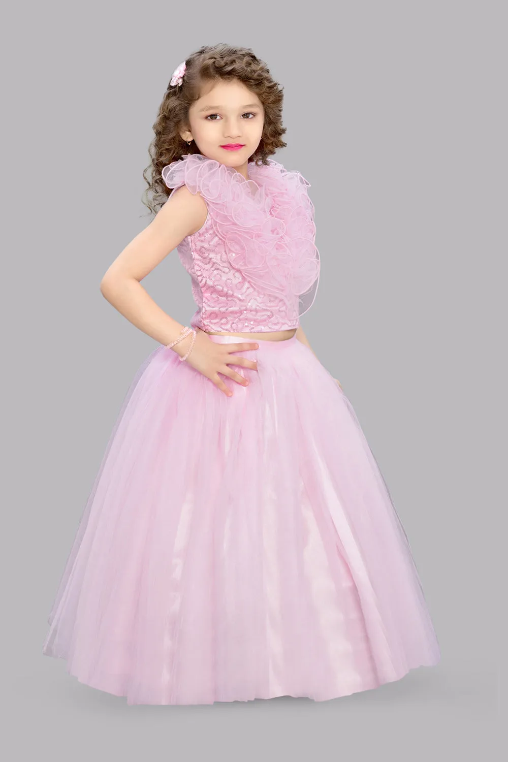 Pink Sequins Ruffle Skirt Top Set