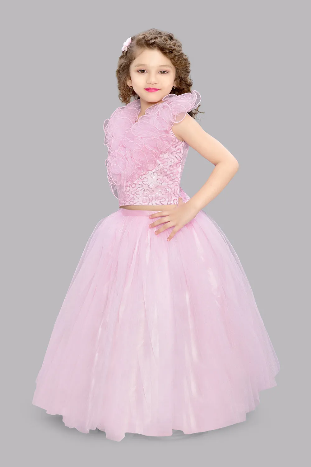Pink Sequins Ruffle Skirt Top Set