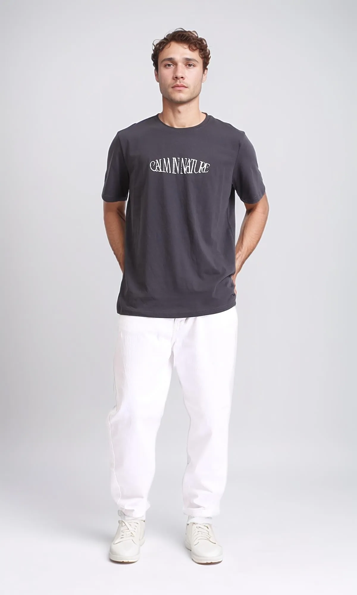 R208574 - Regular Fit Printed Slip On Tee - Dark Grey