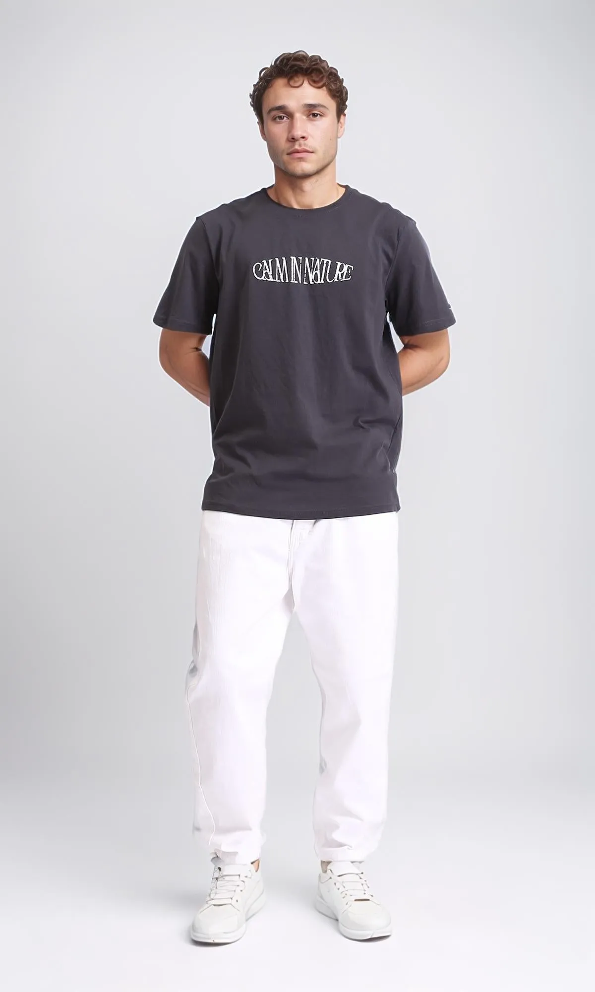 R208574 - Regular Fit Printed Slip On Tee - Dark Grey