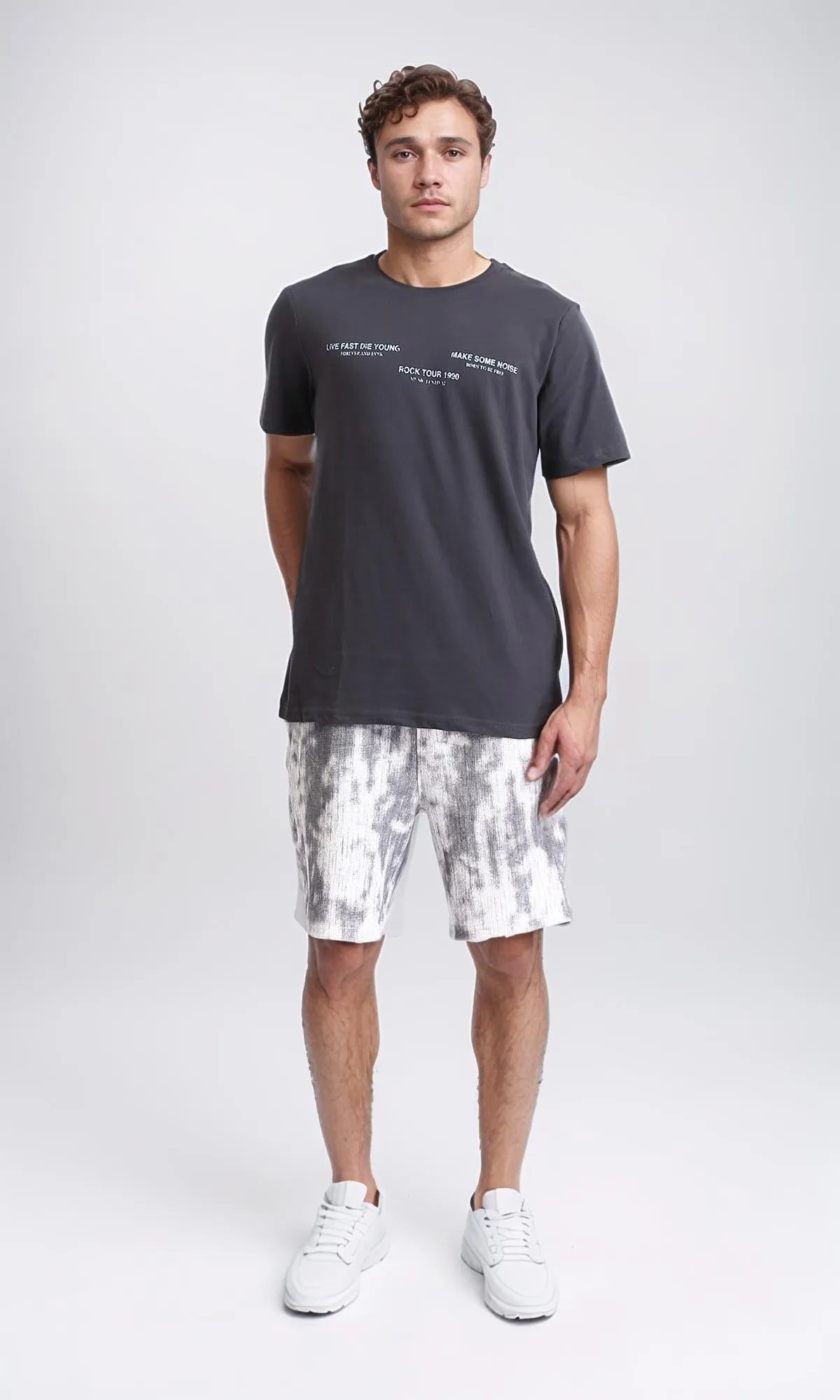 R208575 - Crew Neck Printed Slip On Tee - Dark Grey