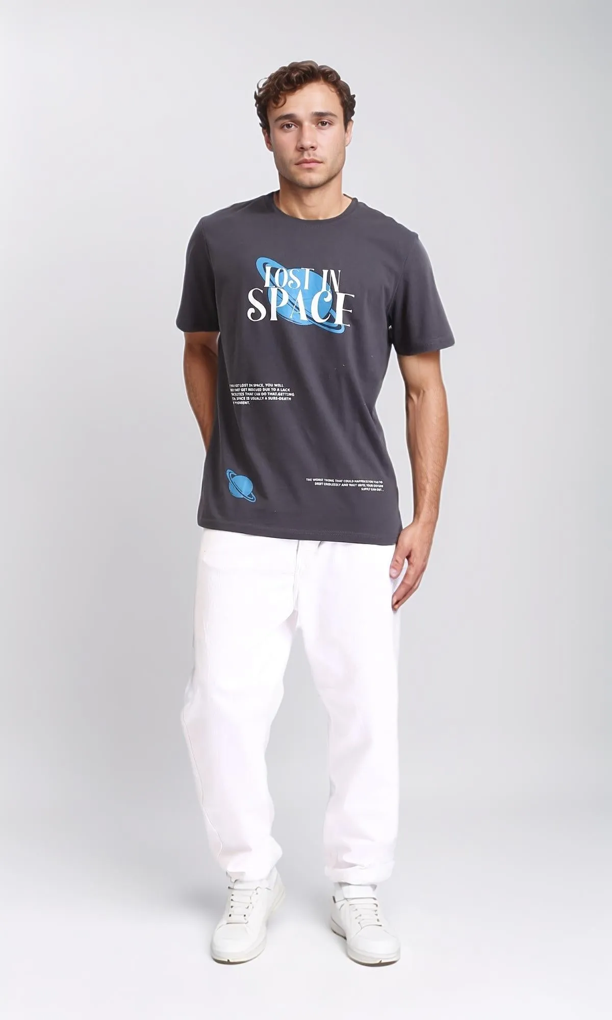 R208576 - Printed "Lost In Space" Slip On Tee - Dark Grey