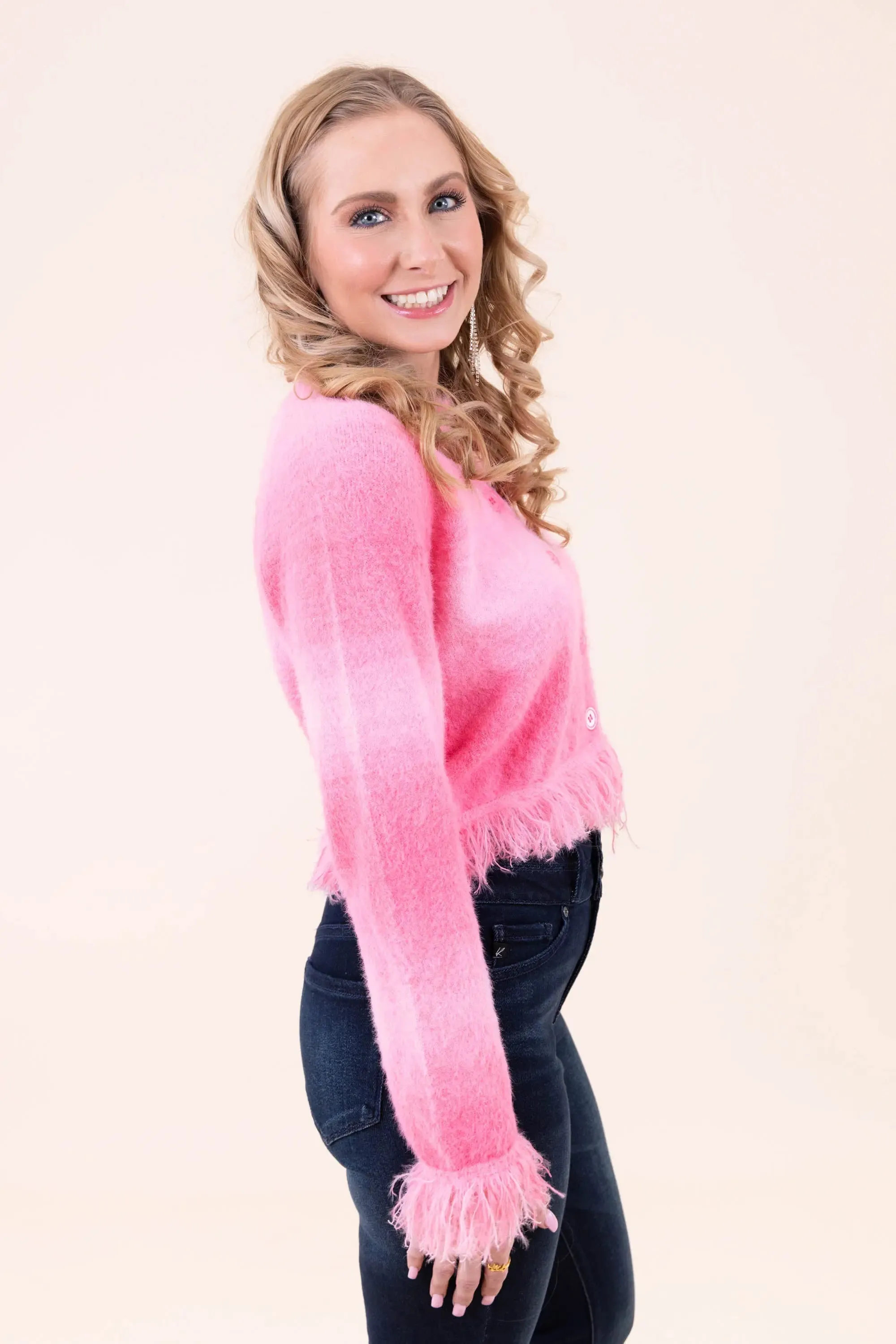 Softly Spoken Fuzzy Frayed Button Down Cardi Top