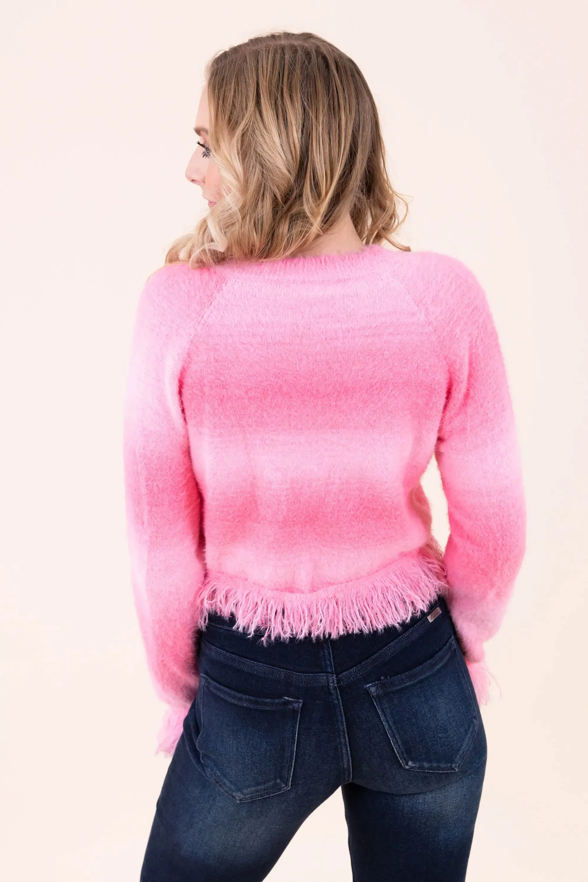 Softly Spoken Fuzzy Frayed Button Down Cardi Top