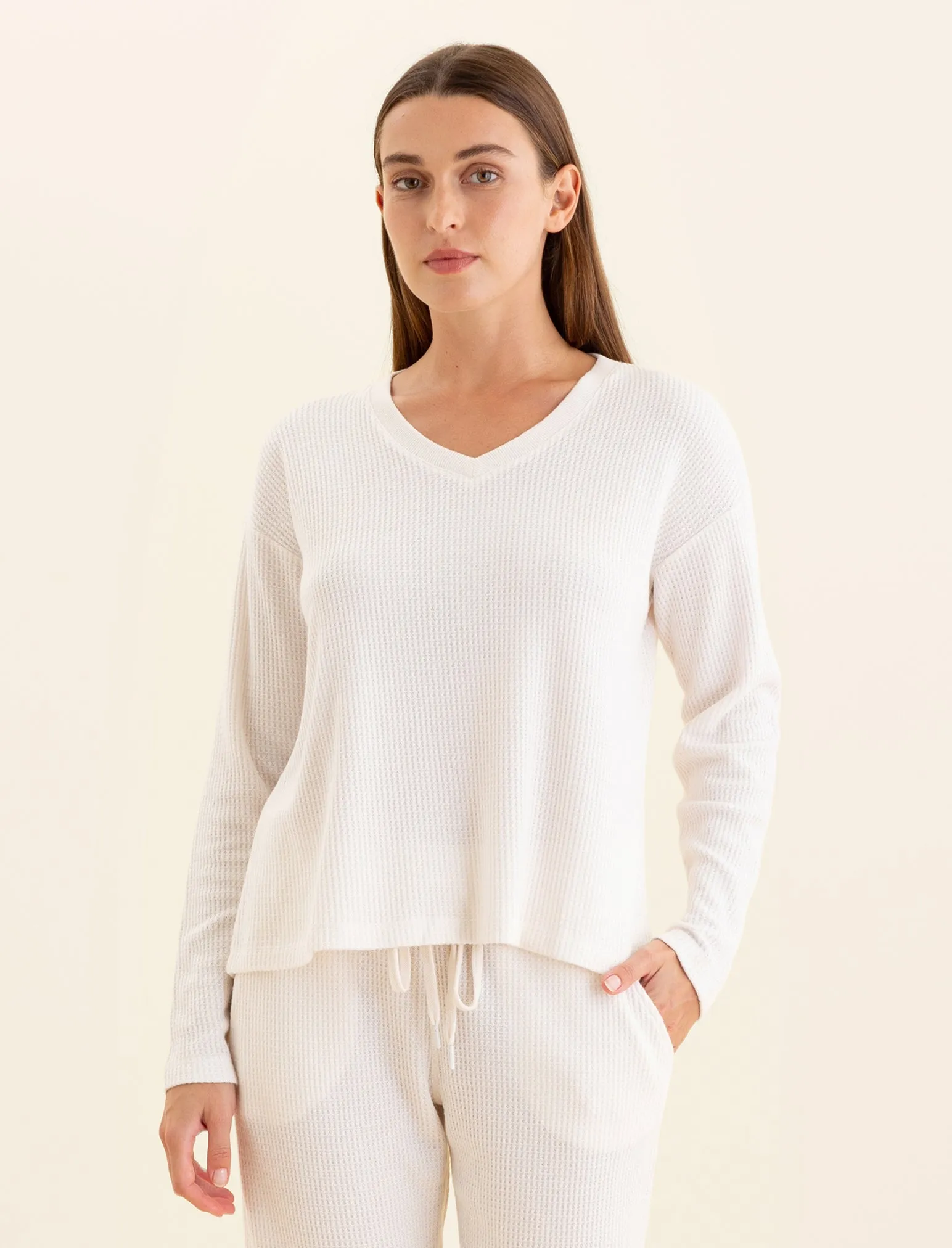 Super Soft Waffle V-Neck LS Top